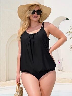 Relleciga Black Tankini Swim Top NWT 3XL Tummy Control Scoop Neck